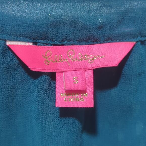 Lilly Pulitzer Matilda Chiffon Blouse Womens S Inky Tidal Fish Clip Teal Blue - Picture 7 of 8